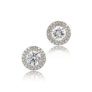 View full screen - View 1 of Lot 1630. Pair of Diamond Earrings | 3.05 及 3.03克拉 圓形 E 及 D色 鑽石 耳環一對.