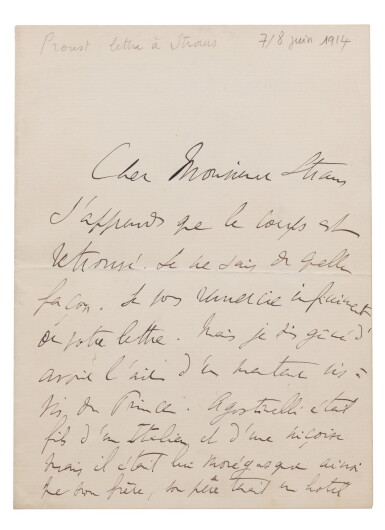 View full screen - View 1 of Lot 160. Lettre a.s. à Émile Straus. 1914. Sur la mort d'Agostinelli : "J'apprends que le corps est retrouvé".