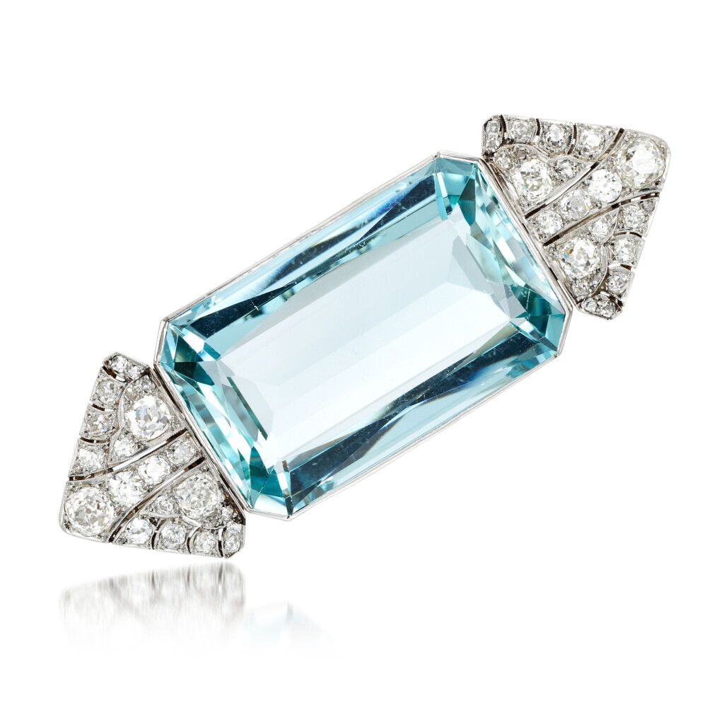 View full screen - View 1 of Lot 56. An aquamarine and diamond brooch, early 20th century.