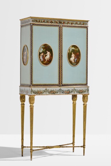 View full screen - View 1 of Lot 18. A George III painted and parcel-gilt cabinet-on-stand, circa 1790, almost certainly by George Brookshaw.