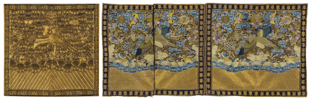 View full screen - View 1 of Lot 626. Three silk embroidered civil rank badges, Qing dynasty, 19th century | 清十九世紀 刺繡文官補子一組三件.