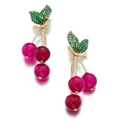 View full screen - View 1 of Lot 7. MICHELE DELLA VALLE | PAIR OF RED AGATE, TSAVORITE GARNET AND DIAMOND EAR CLIPS, 'CILIEGIE'.