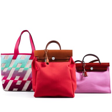 View full screen - View 1 of Lot 444. Cuivre Vache Hunter and 5P Bubblegum Pink Toile Herbag Zip 31 Palladium Hardware, 2020; Vache Hunter and Rouge Toile Herbag A Dos Zip Backpack Palladium Hardware, 2021 and Bleu Rose Extreme Swift, Tufted Motif and Ecru H Canvas Cabas H en Biais 40 Bag, 2021.