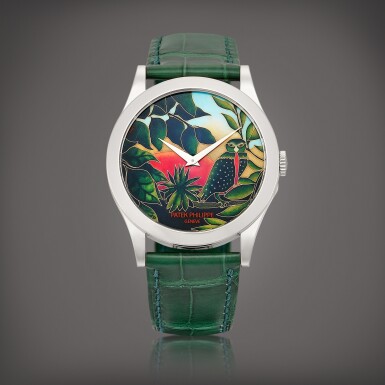 View full screen - View 1 of Lot 2273. Reference 5089 | A limited edition white gold wristwatch with cloisonné enamel dial by Anita Porchet after a painting by Henri Rousseau, Circa 2017 | 百達翡麗 | 型號5089 | 限量版白金腕錶,備 ANITA PORCHET 摹 HENRI ROUSSEAU 作品的掐絲琺瑯錶盤,約2017年製.