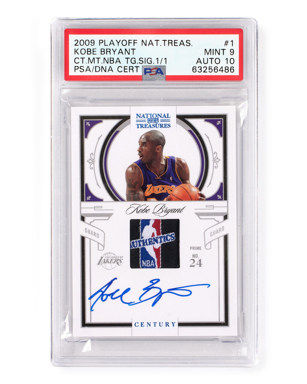 View full screen - View 1 of Lot 13. 2009-10 Panini Playoff National Treasures Century Material Signature NBA Logoman Tag #1 Kobe Bryant - PSA 9 & PSA/DNA Autograph 10 | 1 of 1 | Logoman Laundry Tag.