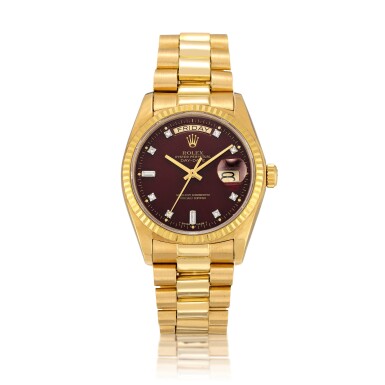View full screen - View 1 of Lot 2139. Rolex | Day-Date "Stella", Reference 1803, A yellow gold and diamond-set wristwatch with day, date, oxblood "Stella" dial and bracelet, Circa 1978 | 勞力士 | Day-Date "Stella" 型號18038 黃金鑲鑽石鏈帶腕錶,備日期、星期顯示及紅色 "Stella" 錶盤,約1978年製.