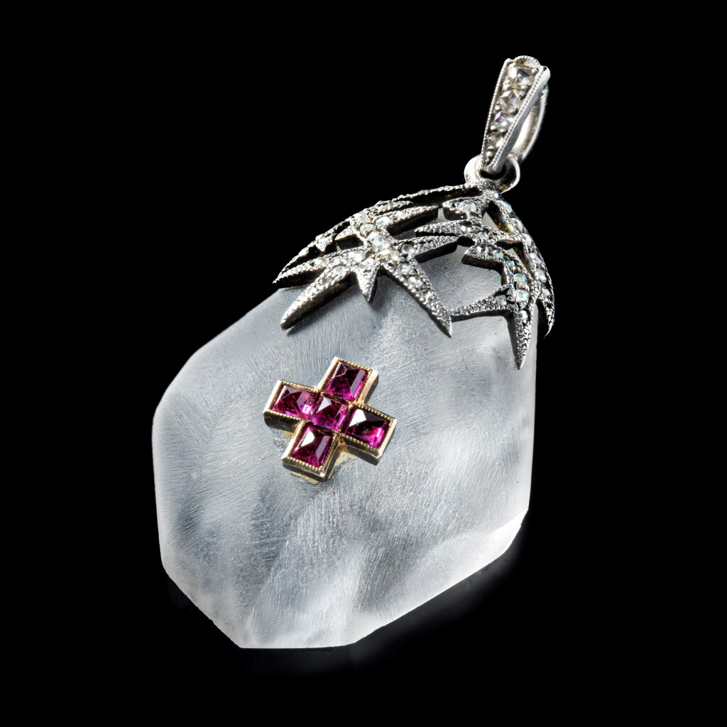 View full screen - View 1 of Lot 1282. An important Fabergé jewelled platinum and rock crystal ‘Ice’ Red Cross pendant, workmaster Albert Holmström, after the design by Alma Pihl, St Petersburg, circa 1915.