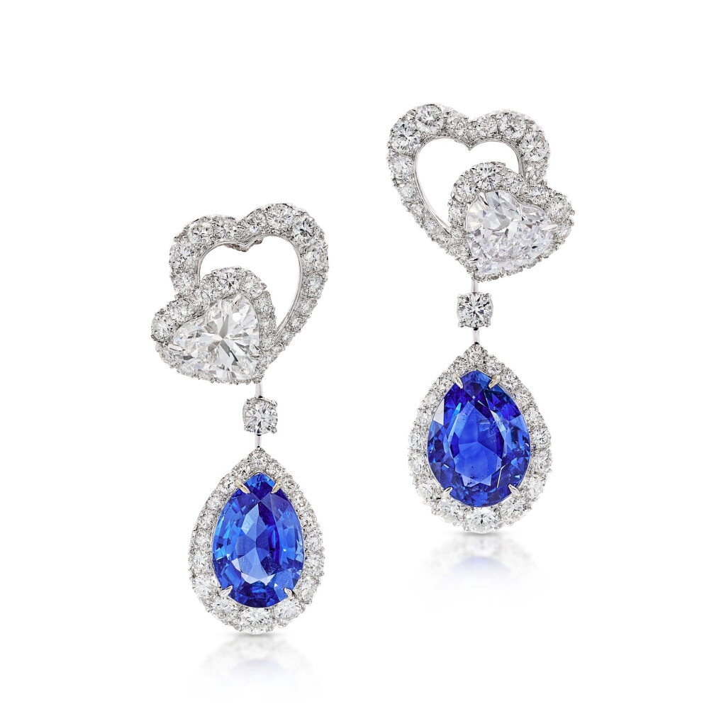 View full screen - View 1 of Lot 1933. Pair of Sapphire and Diamond Pendent Earrings | Alexandre Reza | 6.50 及 4.27克拉 天然 「斯里蘭卡」未經加熱藍寶石 配 鑽石 耳墜一對.