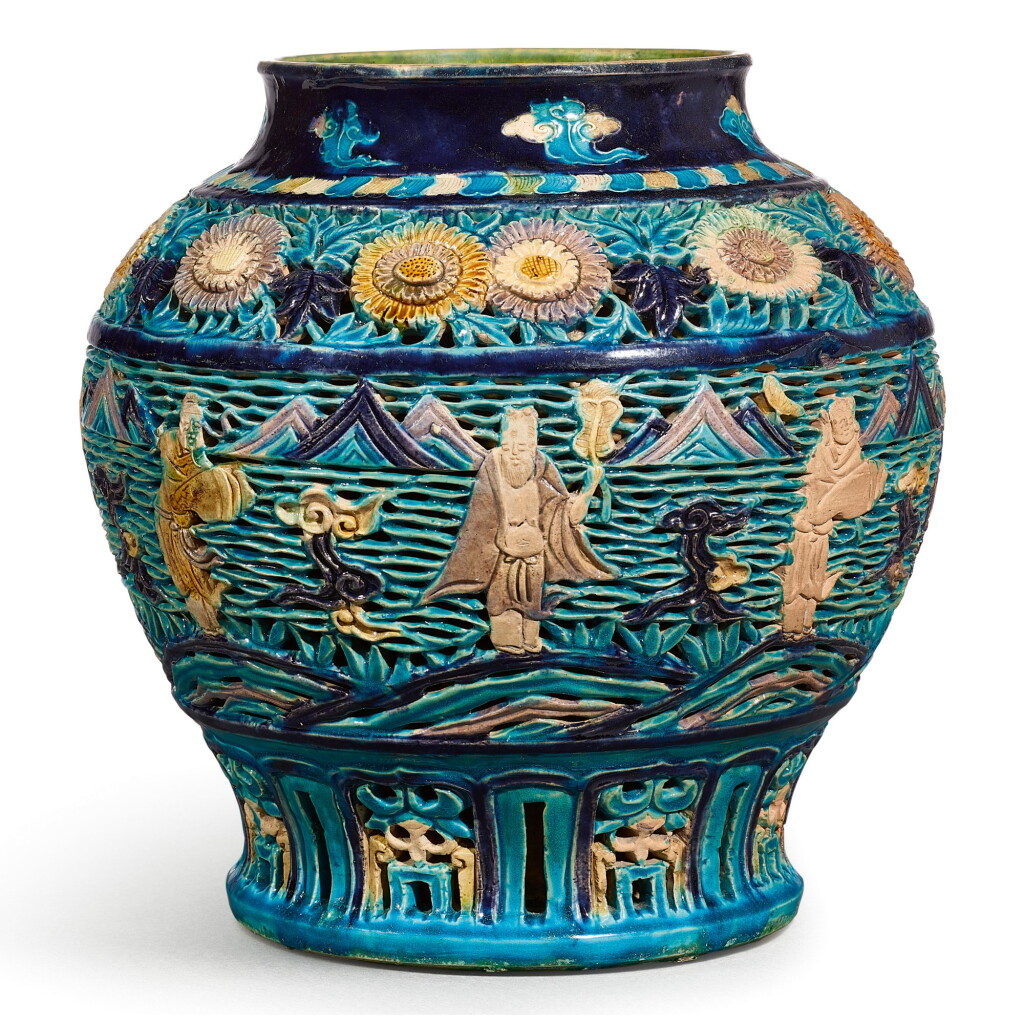 View full screen - View 1 of Lot 3616. A MOULDED AND RETICULATED FAHUA JAR MING DYNASTY | 明 琺華鏤雕八仙過海圖罐.