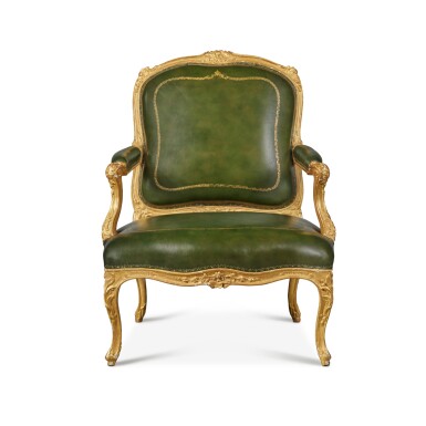 View full screen - View 1 of Lot 23. A Large Louis XV Carved Giltwood Green Leather Upholstered Fauteuil à la Reine, Mid-18th Century .