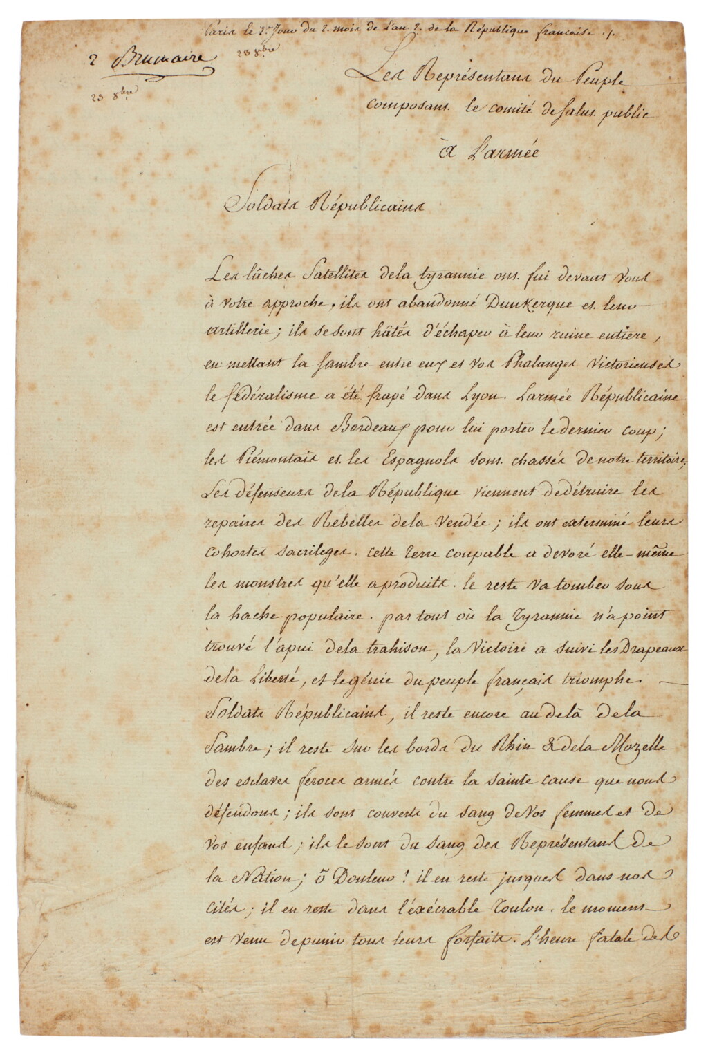 View full screen - View 1 of Lot 362. Robespierre | Signed manuscript copy of a message to the army on Republican victories, 1793.