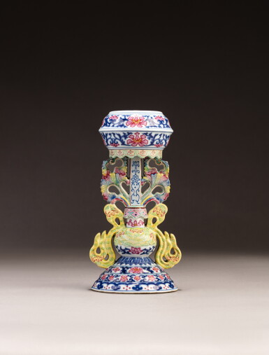 View full screen - View 1 of Lot 383. An underglaze blue and famille-rose 'Buddhist emblem' stand.