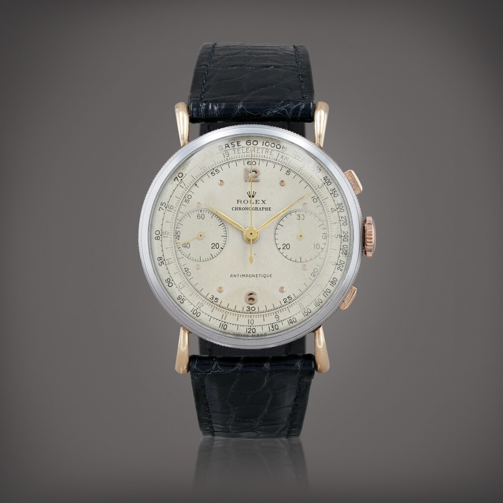 View full screen - View 1 of Lot 355. Chronograph antimagnetic, reference 4062 Montre bracelet chronographe antimagnétique en acier et or rose avec cornes en forme de goutte | Stainless steel and pink gold antimagnetic chronograph wristwatch with teardrop lugs Vers 1947 | Circa 1947.