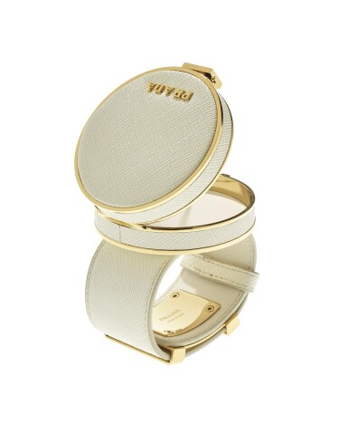 View full screen - View 1 of Lot 25. PRADA | SAFFIANO LEATHER AND METAL VANITY BRACELET.