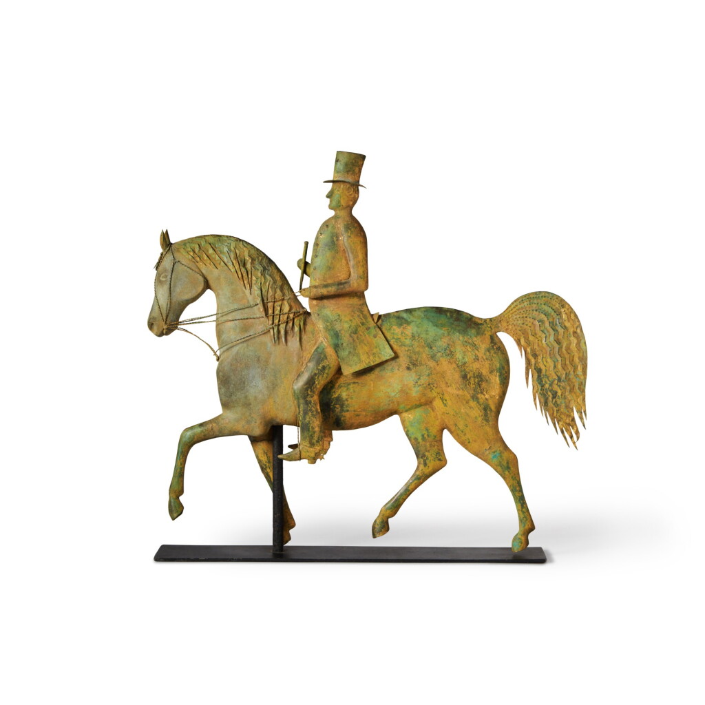 View full screen - View 1 of Lot 1545. Rare Molded and Gilded Copper and Zinc Swelled Bodied 'Horse and Rider' Weathervane, J. Howard & Co., Bridgewater, Massachusetts, circa 1854-1867.