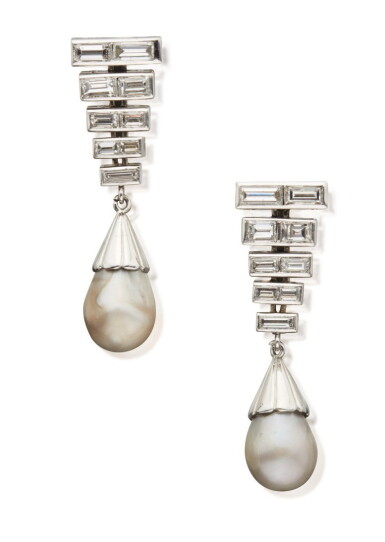 View full screen - View 1 of Lot 91. PAIR OF NATURAL PEARL AND DIAMOND EARCLIPS.