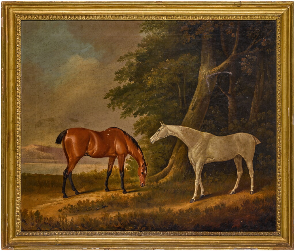 View full screen - View 1 of Lot 69. A grey and bay hunter in a landscape.