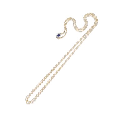 View full screen - View 1 of Lot 337. Natural Pearl, Cultured Pearl, Sapphire and Diamond Necklace.