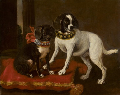 View full screen - View 1 of Lot 30. FLORENTINE SCHOOL, 17TH CENTURY | Two dogs with collars of gold and silver sitting on a red cushion.