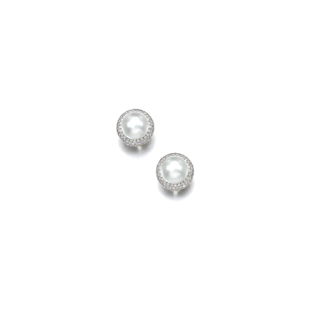 View full screen - View 1 of Lot 163. PAIR OF CULTURED PEARL AND DIAMOND EAR CLIPS.