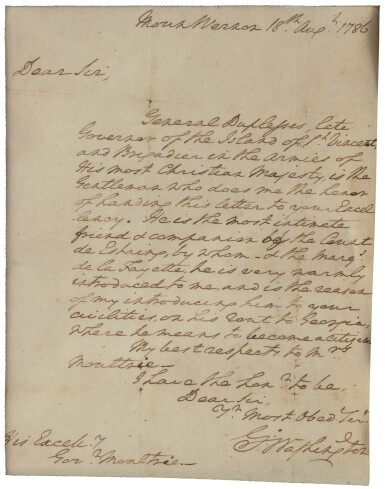 View full screen - View 1 of Lot 2219. Washington, George. Autograph letter signed to Governor William Moultrie of South Carolina, 18 August 1786.