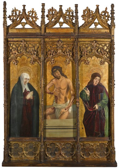 View full screen - View 1 of Lot 71. CASTILIAN SCHOOL, 15TH CENTURY | The Resurrected Christ with Mary and Saint John the Evangelist.