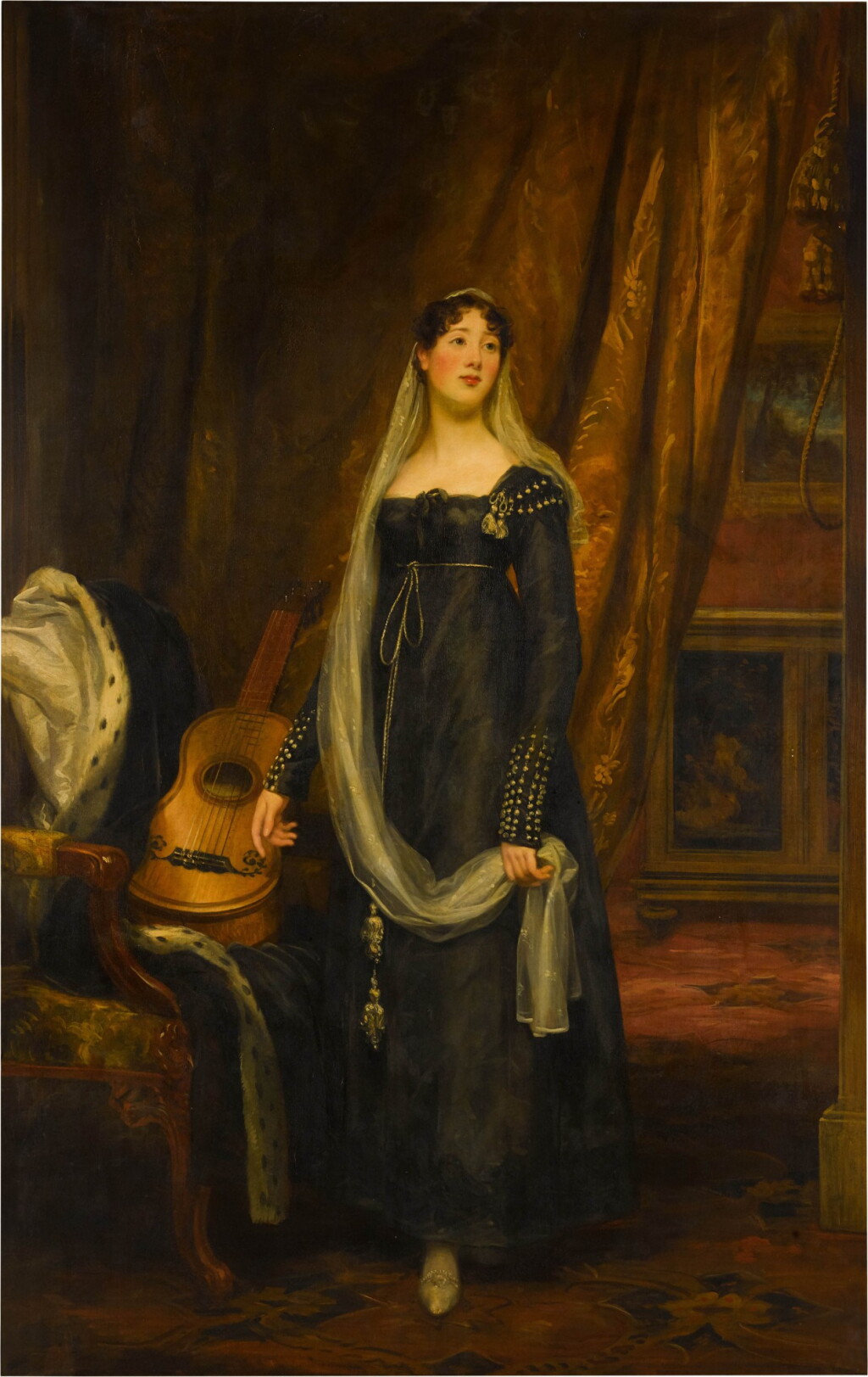 View full screen - View 1 of Lot 432. Portrait of Elizabeth Cochrane-Johnstone (1784–1883), aged 17, wearing a Spanish dress, a guitar by her side.