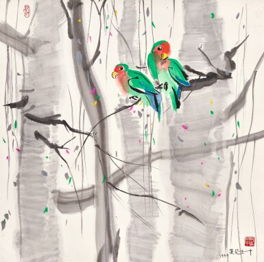 View full screen - View 1 of Lot 3034. 吳冠中 枝頭鳥 | Wu Guanzhong, Lovebirds.