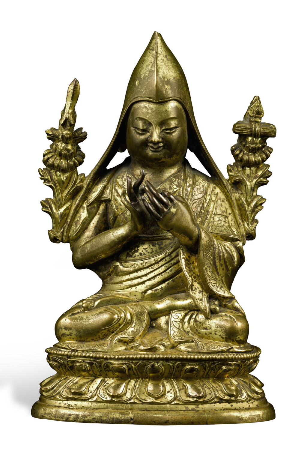 View full screen - View 1 of Lot 257. A SMALL GILT-BRONZE FIGURE OF TSONGKAPA QING DYNASTY, 18TH CENTURY | 清十八世紀 鎏金銅宗喀巴坐像.