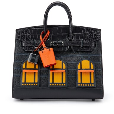 View full screen - View 1 of Lot 6014. Limited Edition Black Matte Alligator, Black Madame, Sombrero, Orange H and Jaune Ambre Swift Midnight Faubourg Birkin 20 Sellier Black PVD Hardware, 2022.