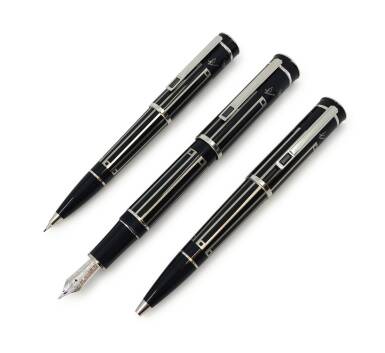 View full screen - View 1 of Lot 67. MONTBLANC | A LIMITED EDITION SET OF THREE BLACK LACQUERED RESIN AND PLATINUM PLATED WRITING INSTRUMENTS, CONSISTING OF ONE FOUNTAIN PEN, ONE BALLPOINT PEN AND ONE MECHANICAL PENCIL., MADE TO COMMEMORATE THOMAS MANN. CIRCA 2010.