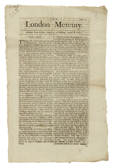 View full screen - View 1 of Lot 27. (CAROLINA COLONY) | An early promotional notice for the Carolina Colony in The London Mercury, No. 36. London: Printed for T. Vile, from Friday, August 4 to Tuesday August 8, 1682.