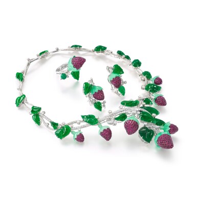 View full screen - View 1 of Lot 1831. Jadeite, Ruby and Diamond Parure | 天然翡翠 配 紅寶石 及 鑽石 套裝.