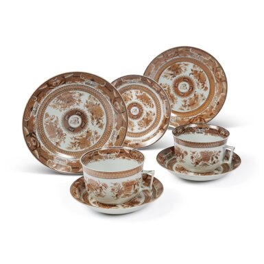 View full screen - View 1 of Lot 118. A Group of Chinese Export 'Brown Fitzhugh' Pattern Wares, Qing Dynasty, Jiaqing Period, Circa 1810-20 | 清嘉慶 約1810-20 粉彩字母紋瓷七件.
