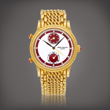 View full screen - View 1 of Lot 809. Travel Time, Reference 4864 | A yellow gold and diamond-set dual time zone wristwatch with 24 hours indication and bracelet, Circa 2001 | 百達翡麗 | Travel Time 型號4864 | 黃金鑲鑽石兩地時間鏈帶腕錶,備24小時顯示,約2001年製.