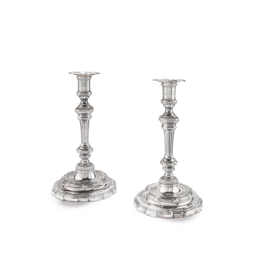 View full screen - View 1 of Lot 124. A pair of Louis XV candlesticks and nozzles by Alexis Loir, Paris, 1745.