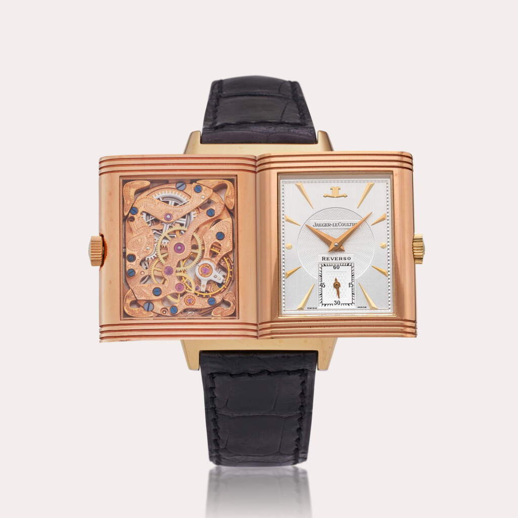View full screen - View 1 of Lot 576. Reference 270.2.62 Reverso Art Deco | A pink gold reversible skeletonized wristwatch, Circa 1992.