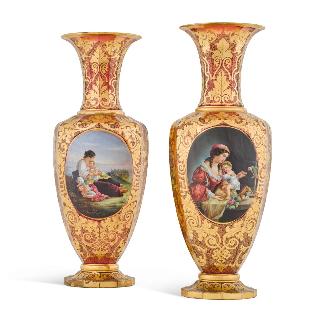 View full screen - View 1 of Lot 251. A pair of Bohemian ruby glass vases, circa 1850.