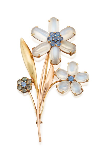 View full screen - View 1 of Lot 58. TWO-COLOR GOLD, MOONSTONE AND SAPPHIRE BROOCH, TIFFANY & CO..