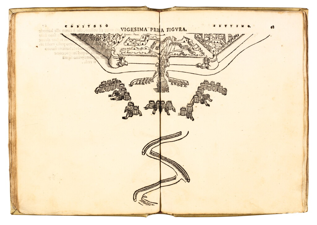 View full screen - View 1 of Lot 73. Cataneo, Libro nuovo di fortificare; Dell'arte militare, Brescia, 1567 & 1584, 2 volumes, vellum.