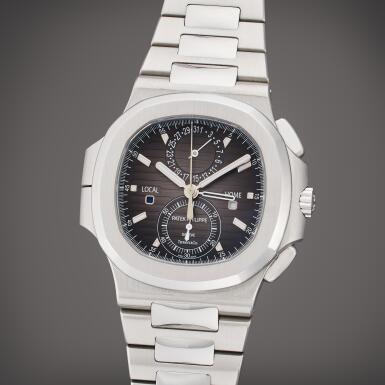 View full screen - View 1 of Lot 186. Reference 5990/1A-001 Nautilus | Retailed by Tiffany & Co.: A stainless steel automatic dual time flyback chronograph wristwatch with date, day/night indication, and bracelet, Circa 2016.