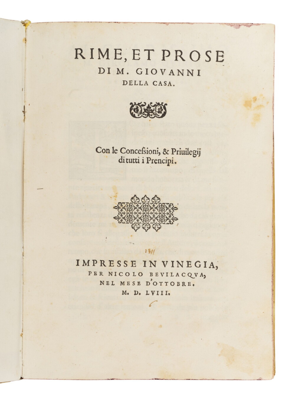 View full screen - View 1 of Lot 89. Della Casa, Rime e prose, Venice, 1558, old limp vellum.