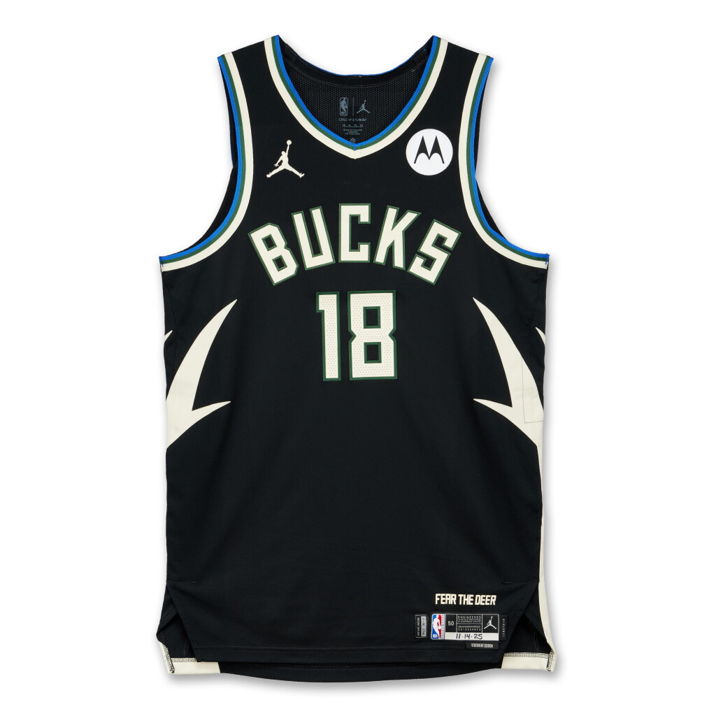 View full screen - View 1 of Lot 114. Kyle Kuzma Milwaukee Bucks 2025-2026 Emirates NBA Cup Game Worn Statement Edition Jersey | Double-Double.