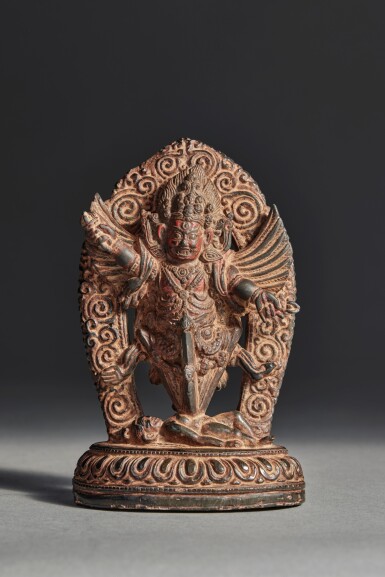 View full screen - View 1 of Lot 373. A carved black stone figure of Guru Dragpur, Tibet, 18th century .