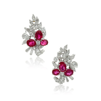 View full screen - View 1 of Lot 279. Pair of ruby and diamond ear clips.