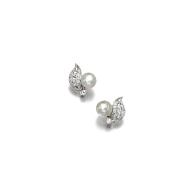 View full screen - View 1 of Lot 47. PAIR OF NATURAL PEARL AND DIAMOND EARRINGS.