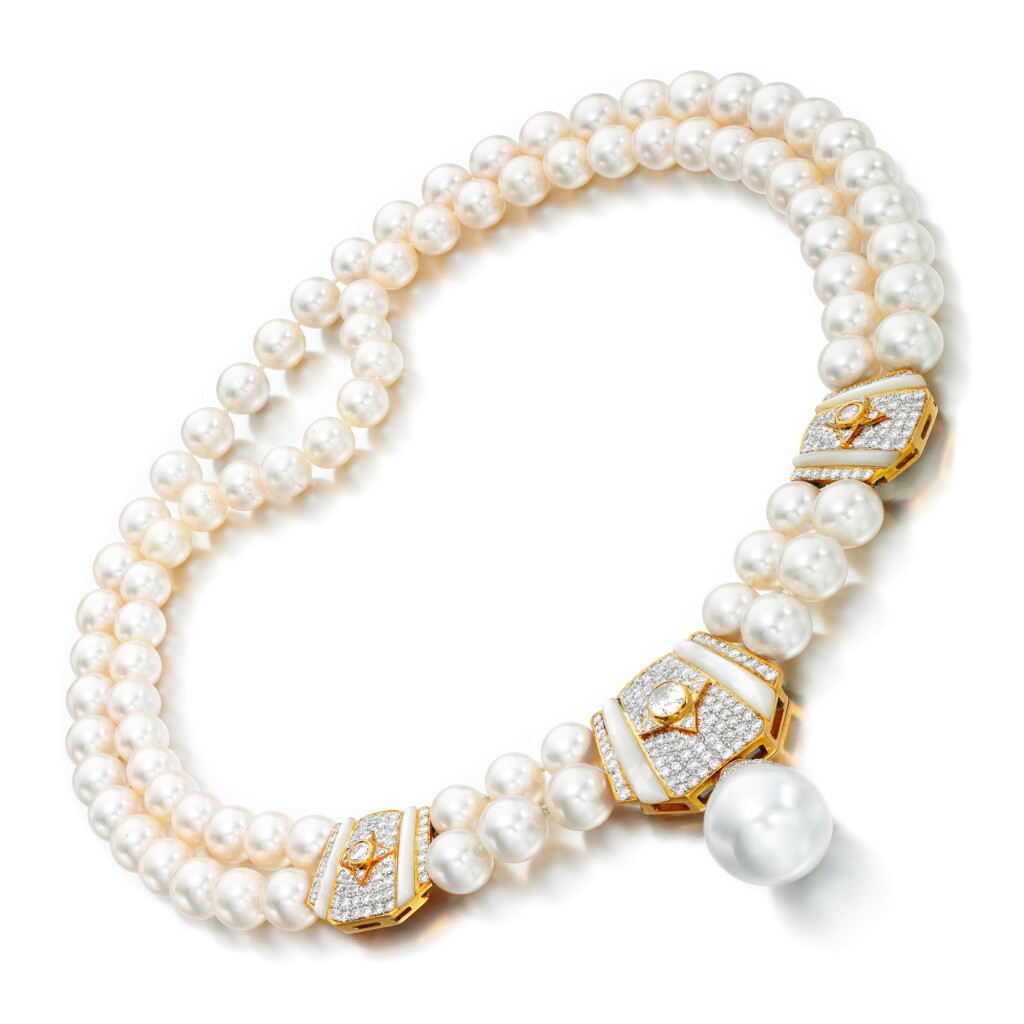 View full screen - View 1 of Lot 71. Cultured pearl, mother of pearl and diamond necklace.