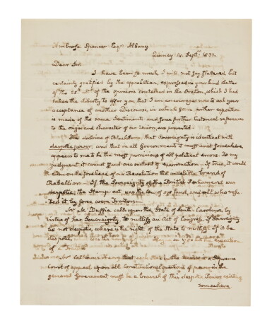View full screen - View 1 of Lot 2. Adams, John Quincy | A powerful lesson in the historical and legal "origin and character of the Union" by John Quincy Adams.