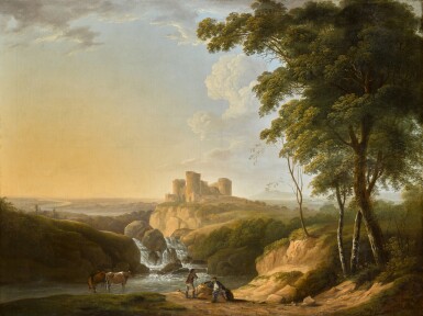 View full screen - View 1 of Lot 440. An extensive landscape with a view of Chepstow Castle on a hill beyond.