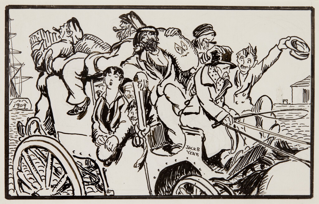 View full screen - View 1 of Lot 225. YEATS, JACK B. | Two ink drawings for a Cuala card, etc. (Dublin Quays and Leave Her Johnny) .